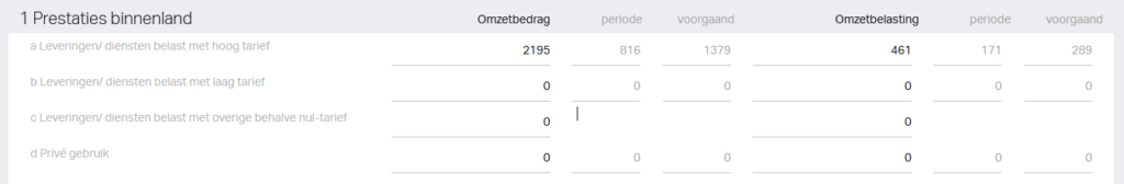 De btw-aangifte is in het formulier uitgesplitst over 3 kolommen, die de oorsproing van de waarden toont.