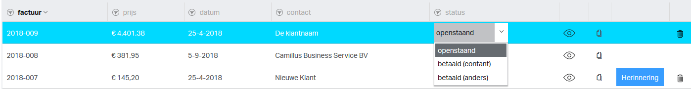 Wijzig de betaalstatus van de factuur met het dropdown menu in facturen-overzicht.