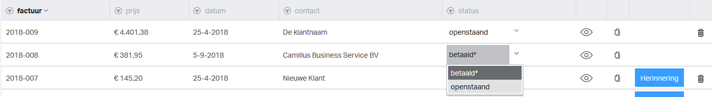 Je kunt betaalde facturen, met- of zonder betaling, op "openstaand" zetten in het factuur-overzicht.
