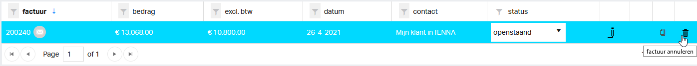 Om een factuur te annuleren klik je op het vuilnisbakje in het factuuroverzicht. De factuur wordt niet verijderd, maar verrekend met een creditfactuur. Daarna corrigeer je de factuur en stuur je die als nieuwe.