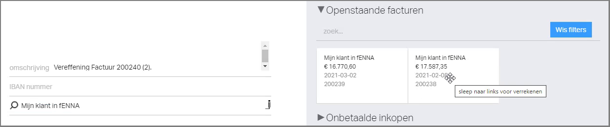 Je verrekent het bedrag met een factuur door de betreffende rechts op te zoeken, en hem erop te slepen.